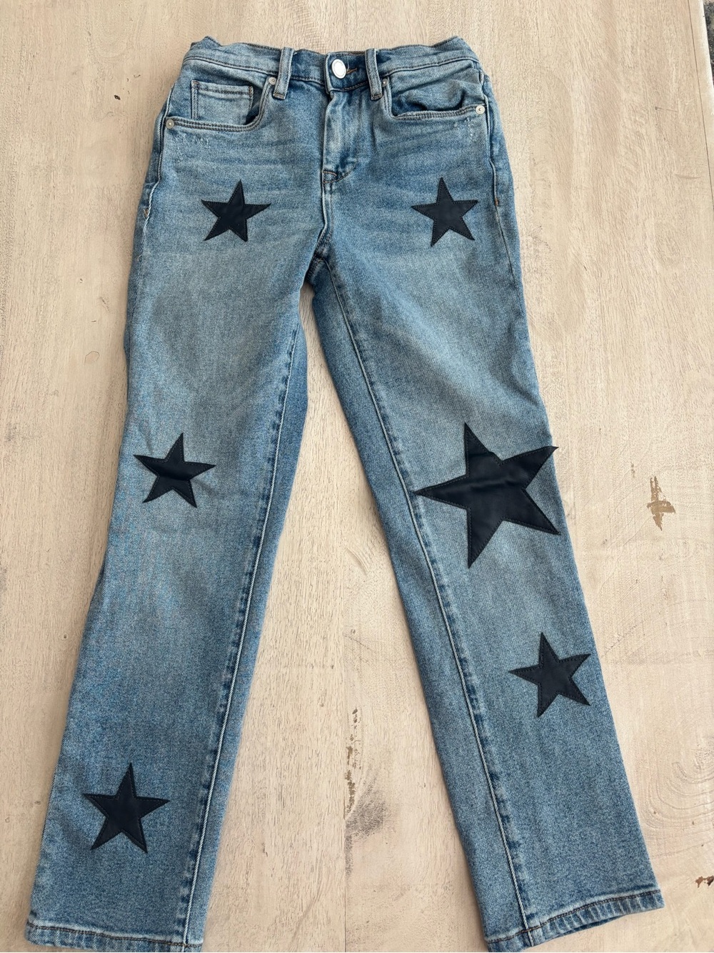 Blank NYC the Madison Crop Blue Denim Straight-Leg Jeans with Black Star Patches